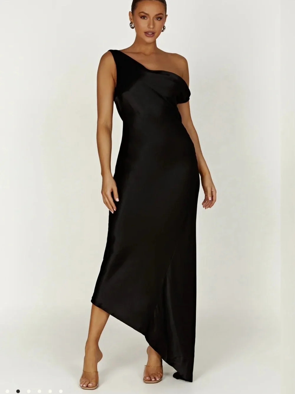 Meshki Black One-Shoulder Satin Gown with Double Straps - Picture 3 of 4